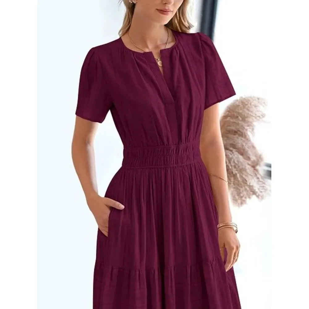 Women's Wine Red V Neck Short Sleeve A Line Summer Casual Maxi Dress Pockets